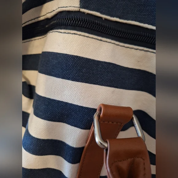Lovevook Striped Blue and White Weekender Bag with Tan Accents - Picture 4 of 16